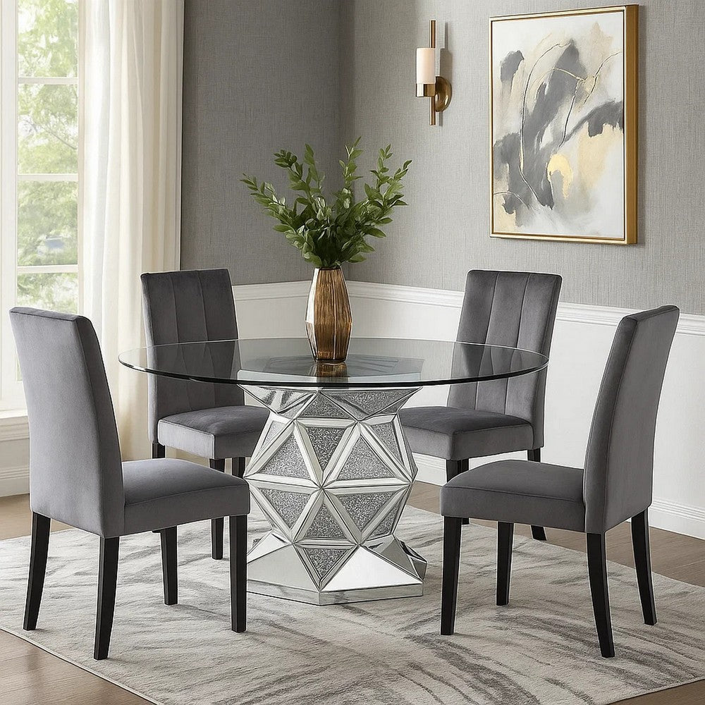 Round Dining Table with Faux Crystals Inlay and Pedestal Base, Silver