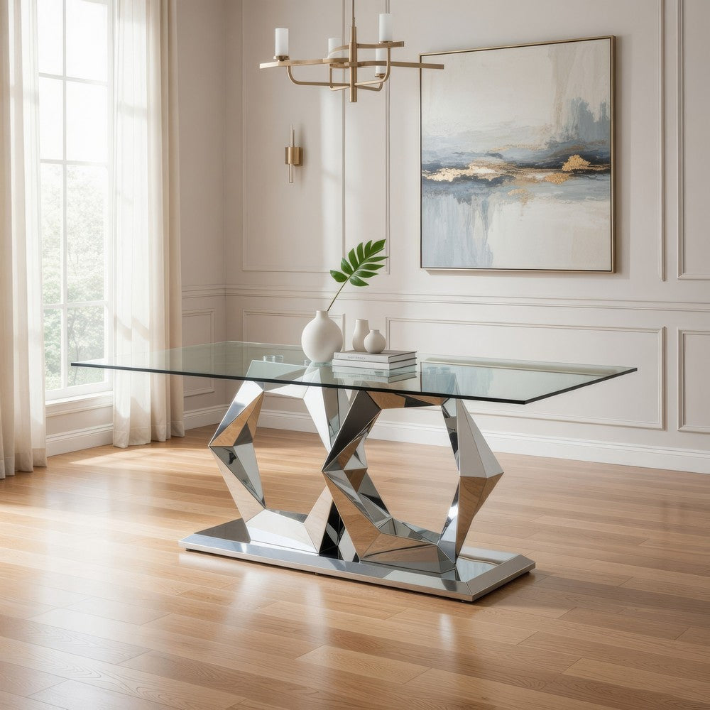 Orion Dining Table | Glass Top | Steel Hex Base | Chrome