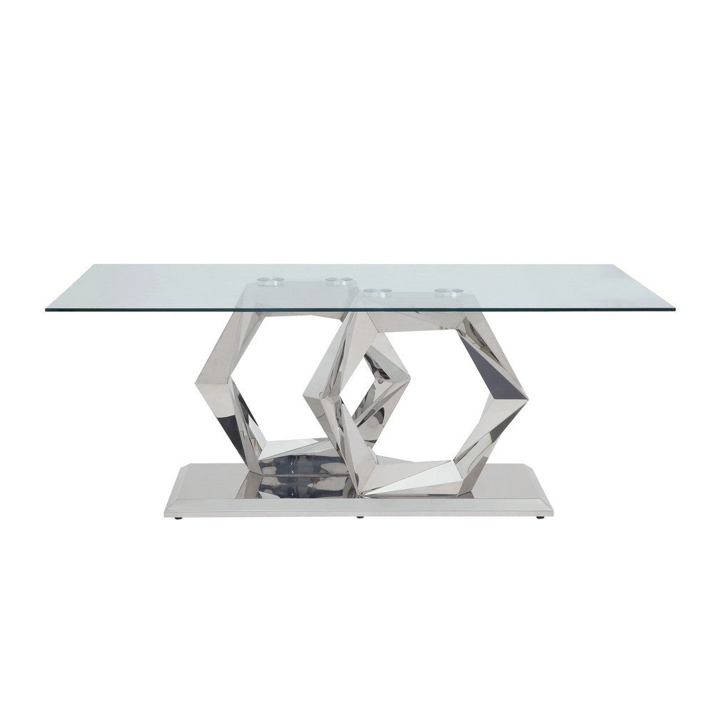 Glass Top Dining Table with Steel Double Hexagonal Base Chrome By Casagear Home BM230721