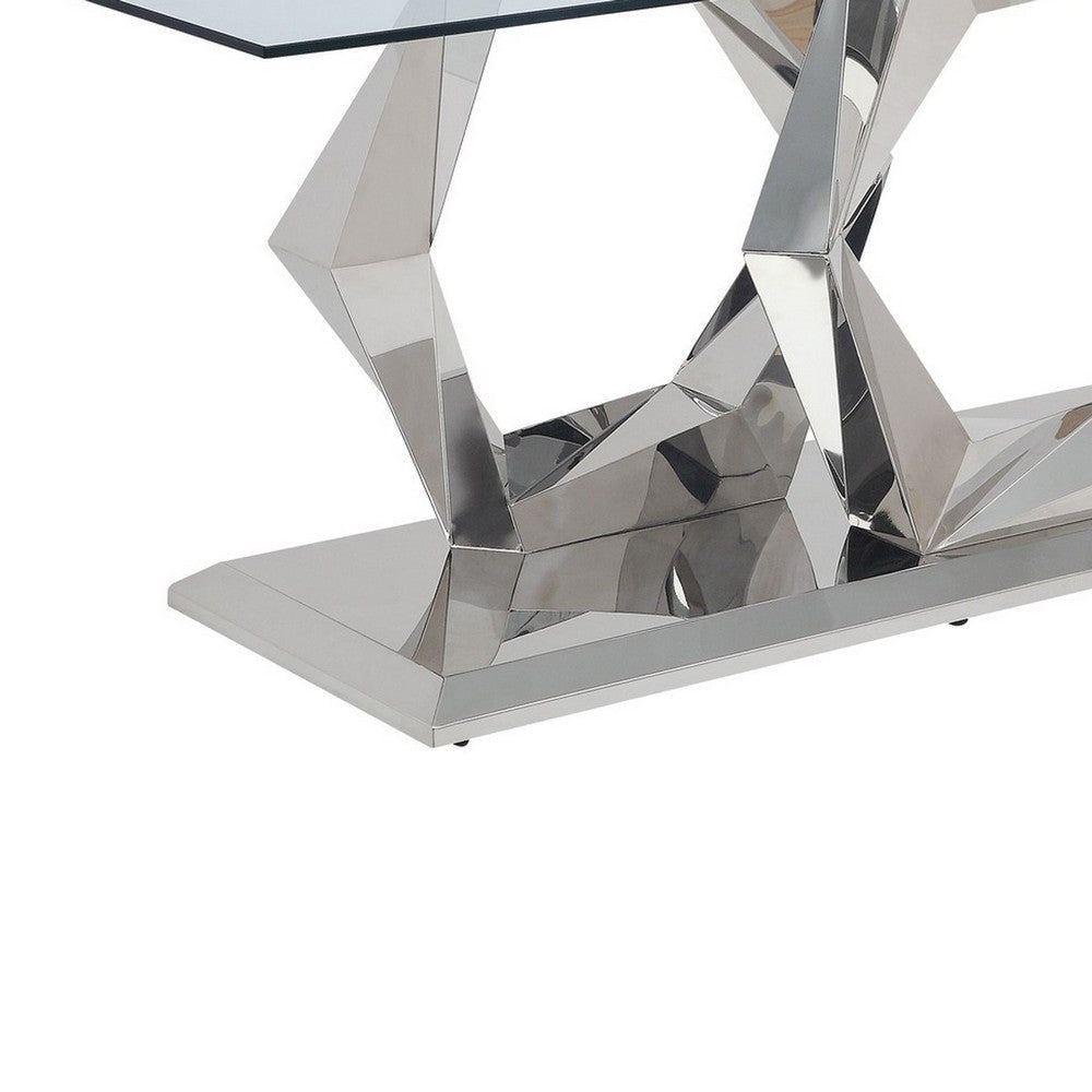 Glass Top Dining Table with Steel Double Hexagonal Base Chrome By Casagear Home BM230721