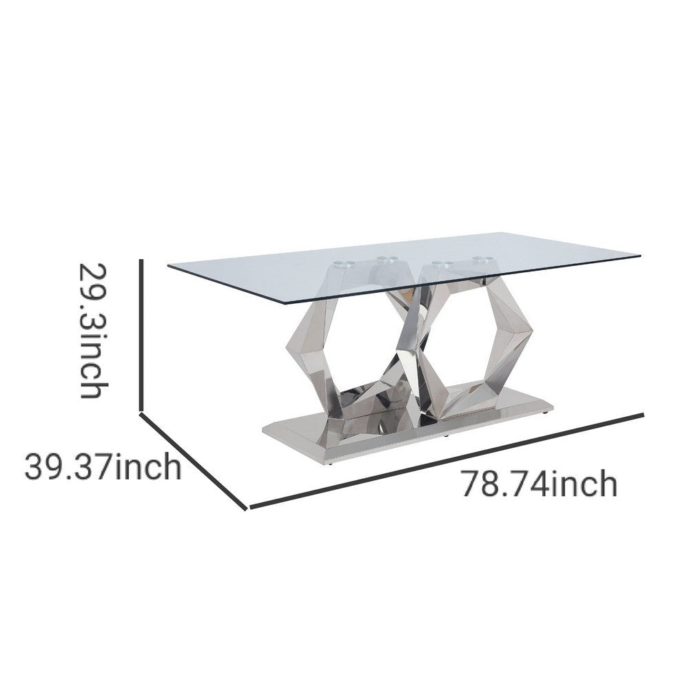 Glass Top Dining Table with Steel Double Hexagonal Base Chrome By Casagear Home BM230721