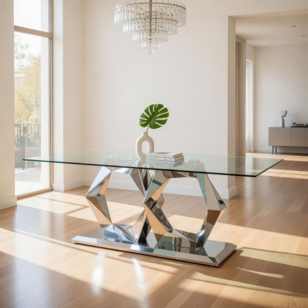 Orion Dining Table | Glass Top | Steel Hex Base | Chrome