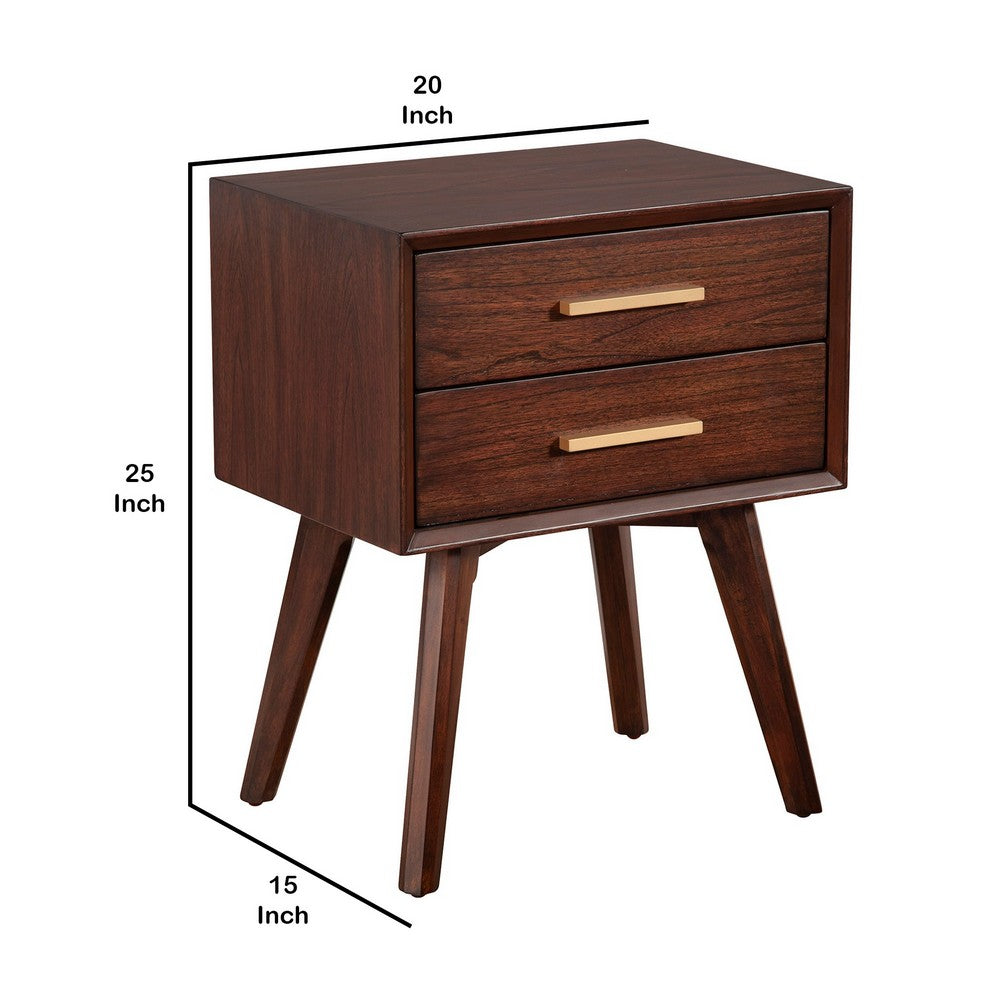 25 Inch 2 Drawer Wooden Nightstand with Bar Pulls, Brown By Casagear Home