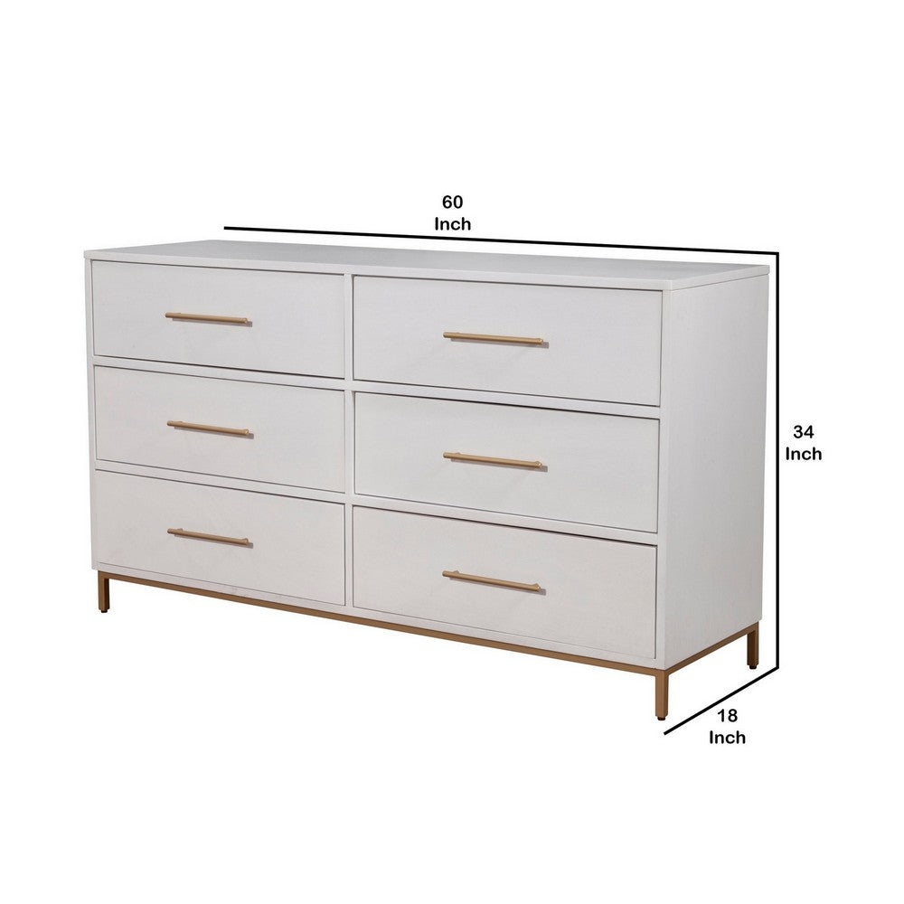 60 Inch 6 Drawer Wooden Nightstand with Metal Base, White
