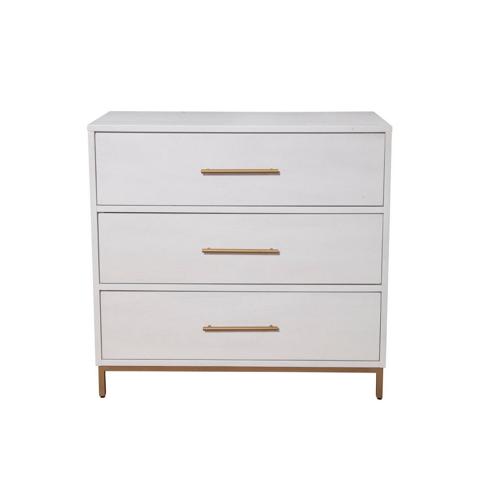 34 Inch 3 Drawer Wooden Chest with Metal Base, Small, White