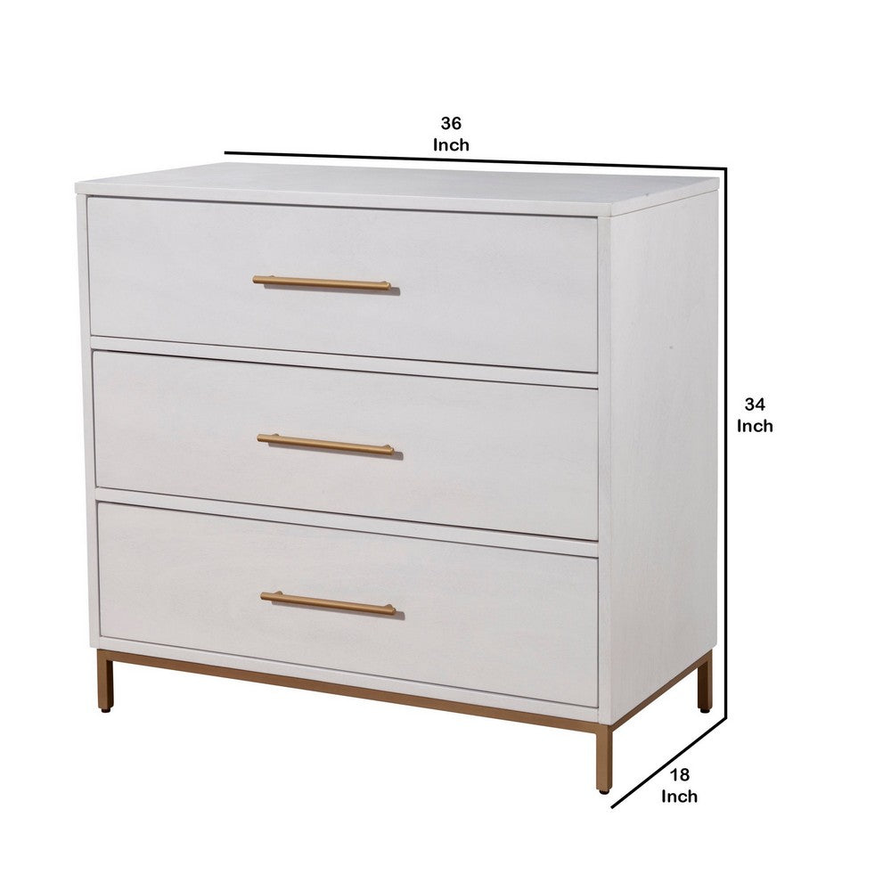 34 Inch 3 Drawer Wooden Chest with Metal Base, Small, White