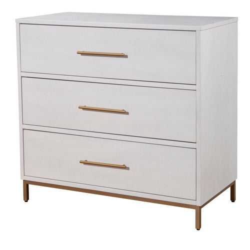 34 Inch 3 Drawer Wooden Chest with Metal Base, Small, White