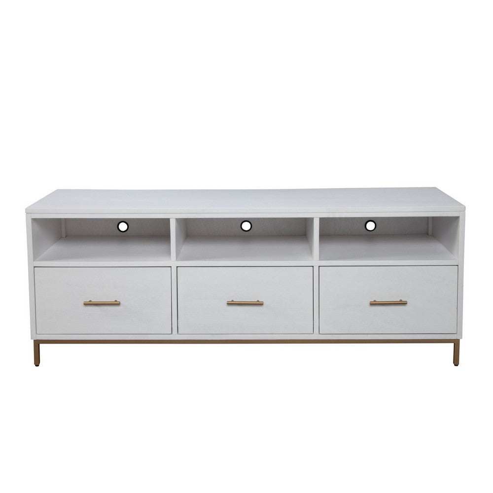 64 Inch 3 Drawer Wooden TV Console with Open Shelves, White