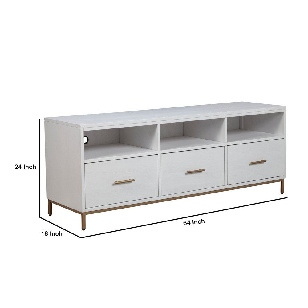 64 Inch 3 Drawer Wooden TV Console with Open Shelves, White