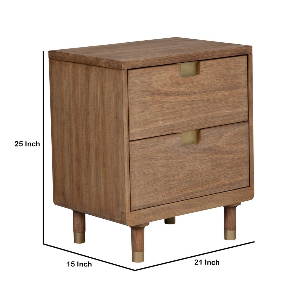 25 Inch 2 Drawer Wooden Nightstand with Cutout Pulls, Brown