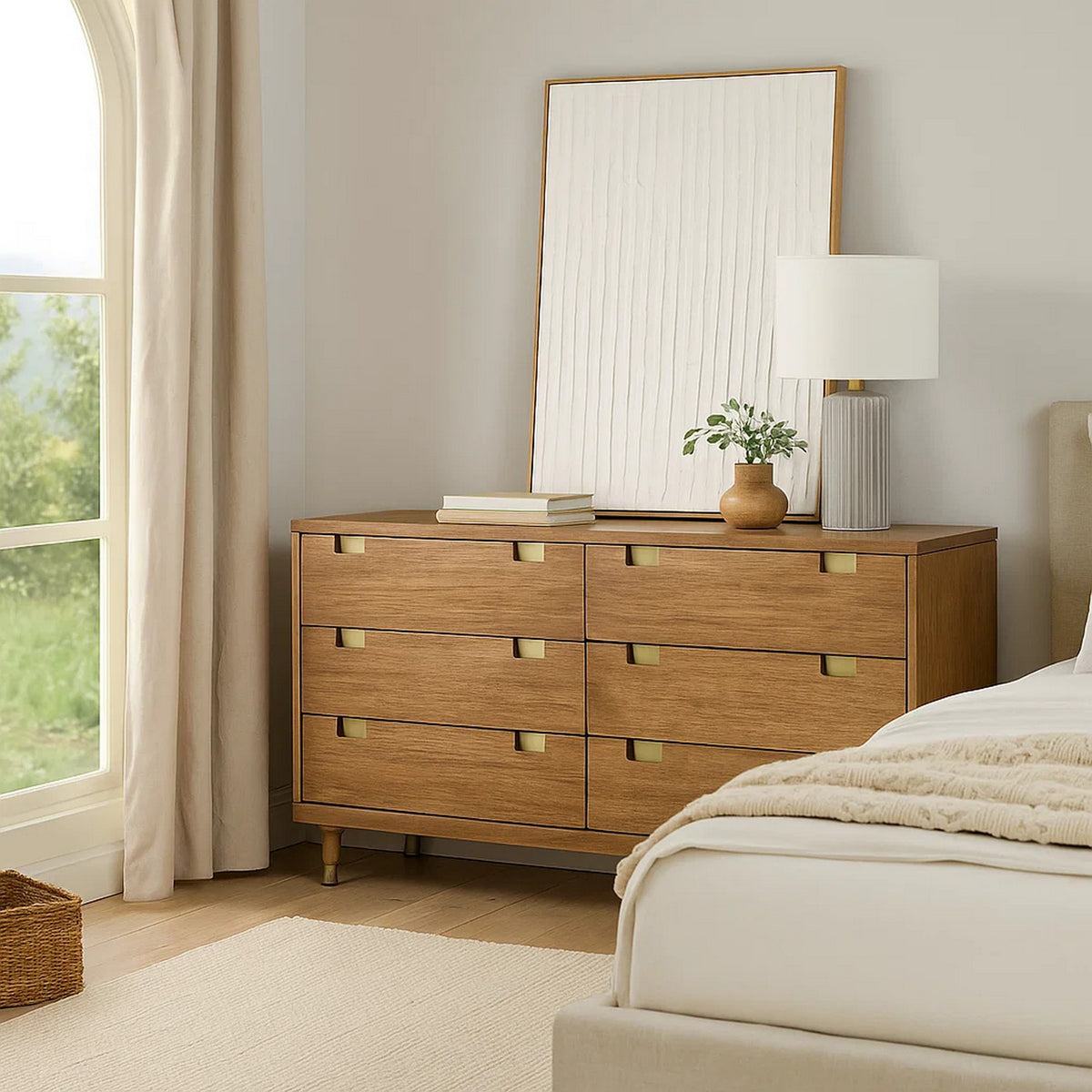 Benjara 60 Inch 6 Drawer Wooden Dresser with Cutout Pulls, Brown