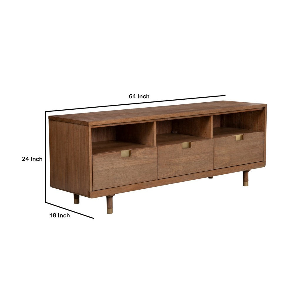 64 Inches 3 Drawer TV Console with Open Compartments, Brown