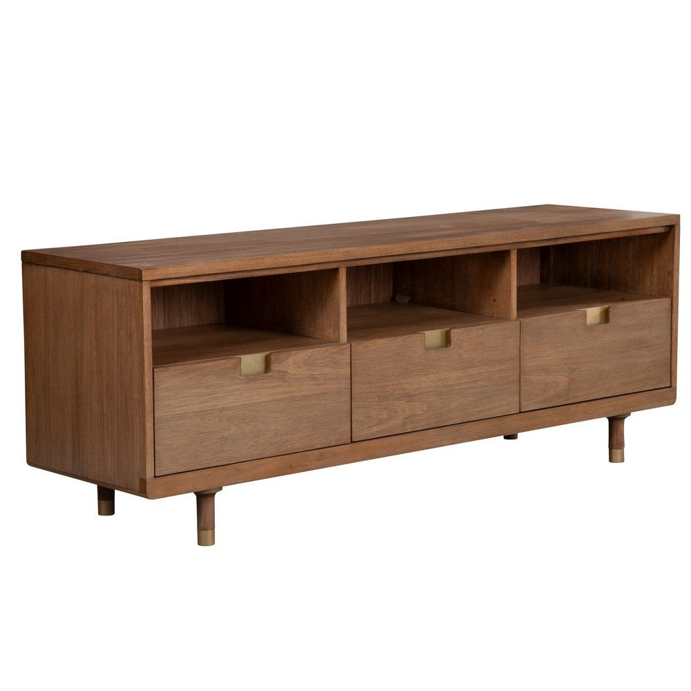64 Inches 3 Drawer TV Console with Open Compartments, Brown