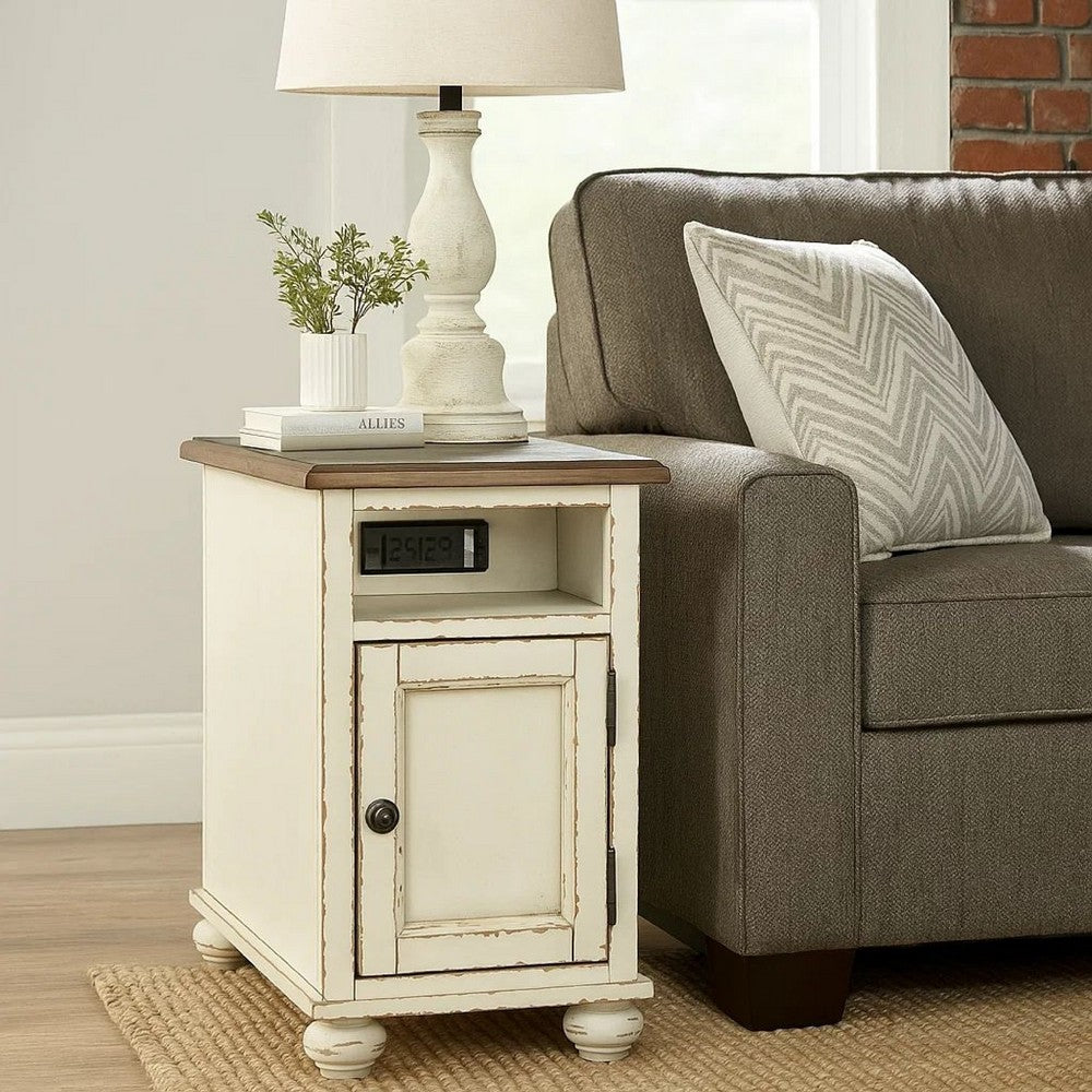 Luna Chairside Table | Wood Frame | Door Storage | Brown & White