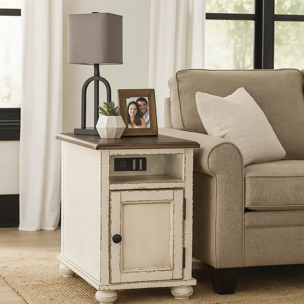 Luna Chairside Table | Wood Frame | Door Storage | Brown & White