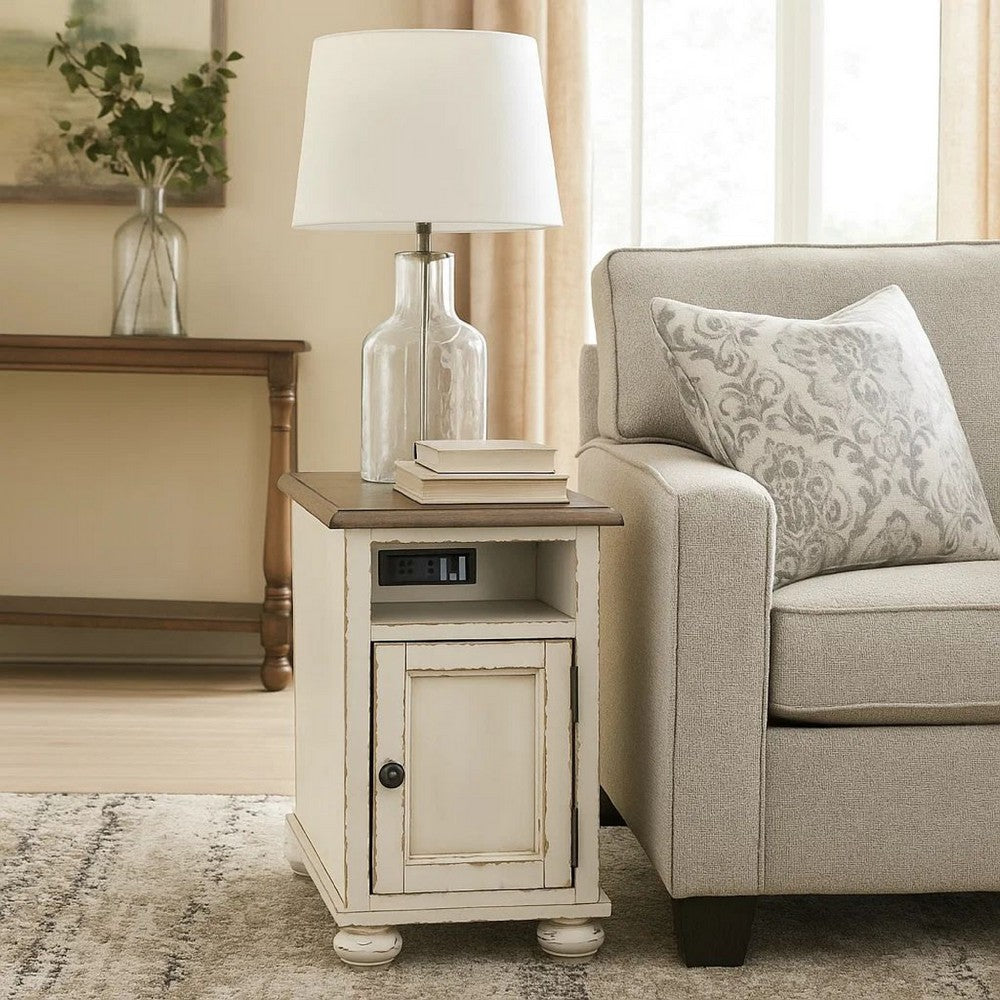 Luna Chairside Table | Wood Frame | Door Storage | Brown & White