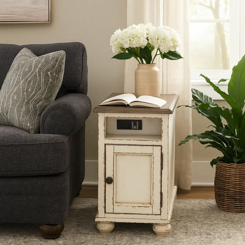 Luna Chairside Table | Wood Frame | Door Storage | Brown & White
