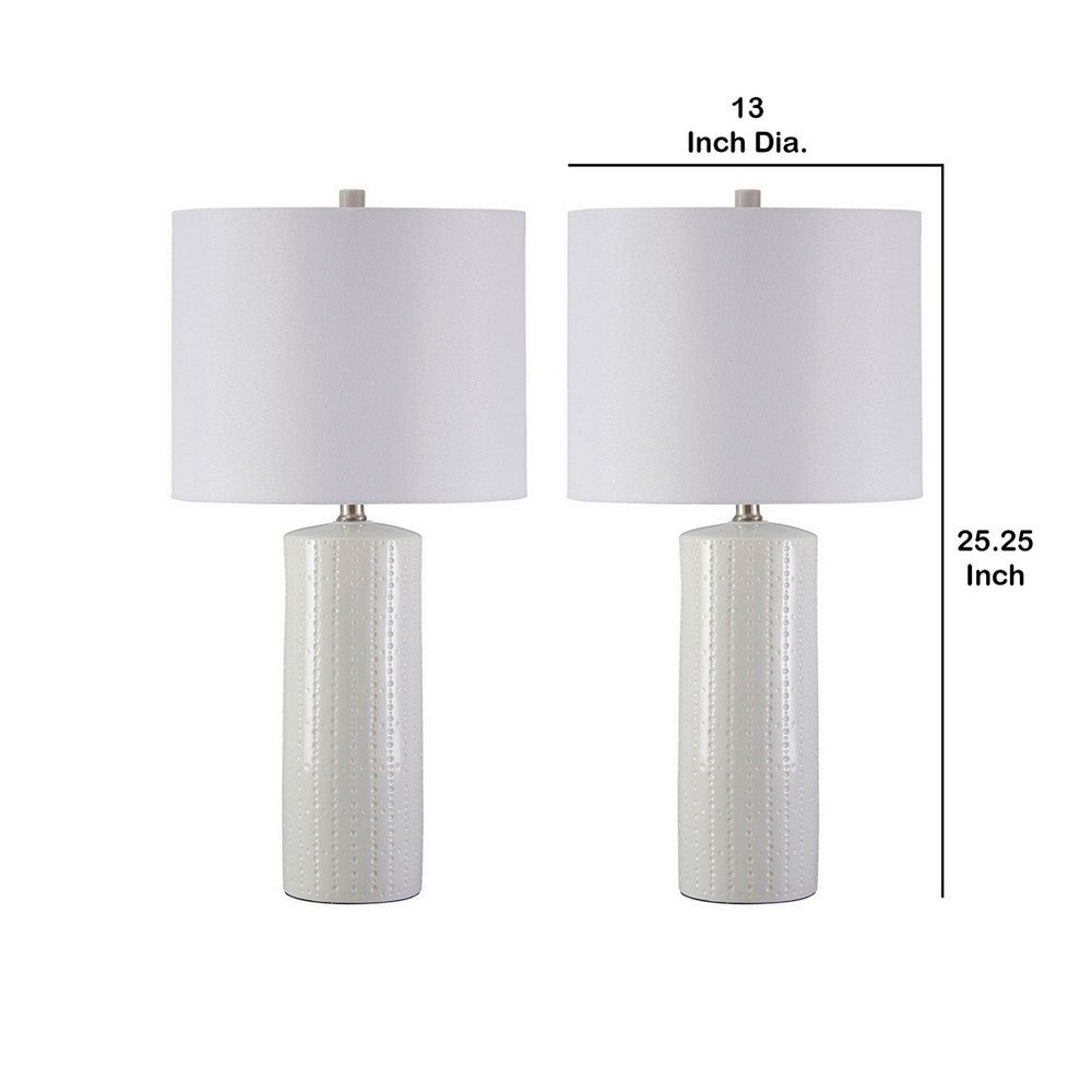 Nora Table Lamp Set | Carved Ceramic Base | Drum Shade | White
