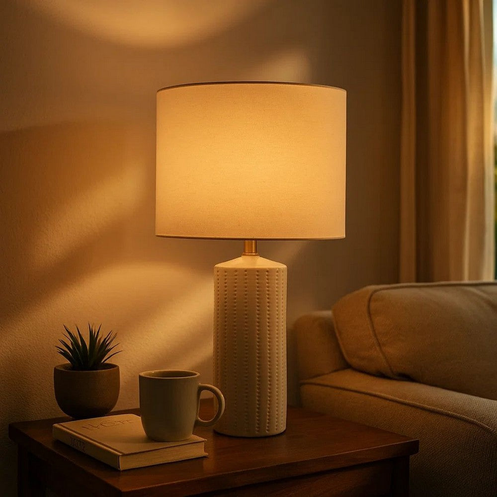 Nora Table Lamp Set | Carved Ceramic Base | Drum Shade | White