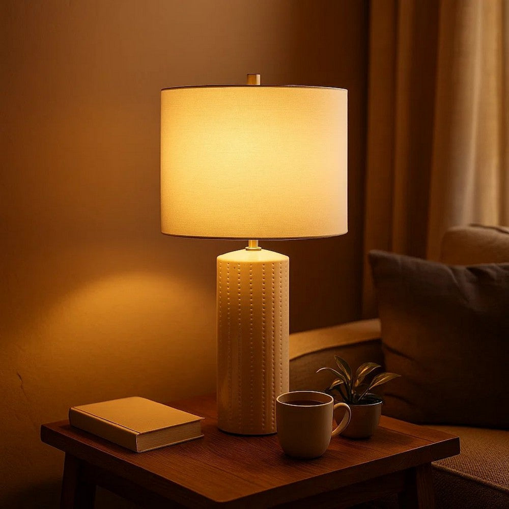 Nora Table Lamp Set | Carved Ceramic Base | Drum Shade | White