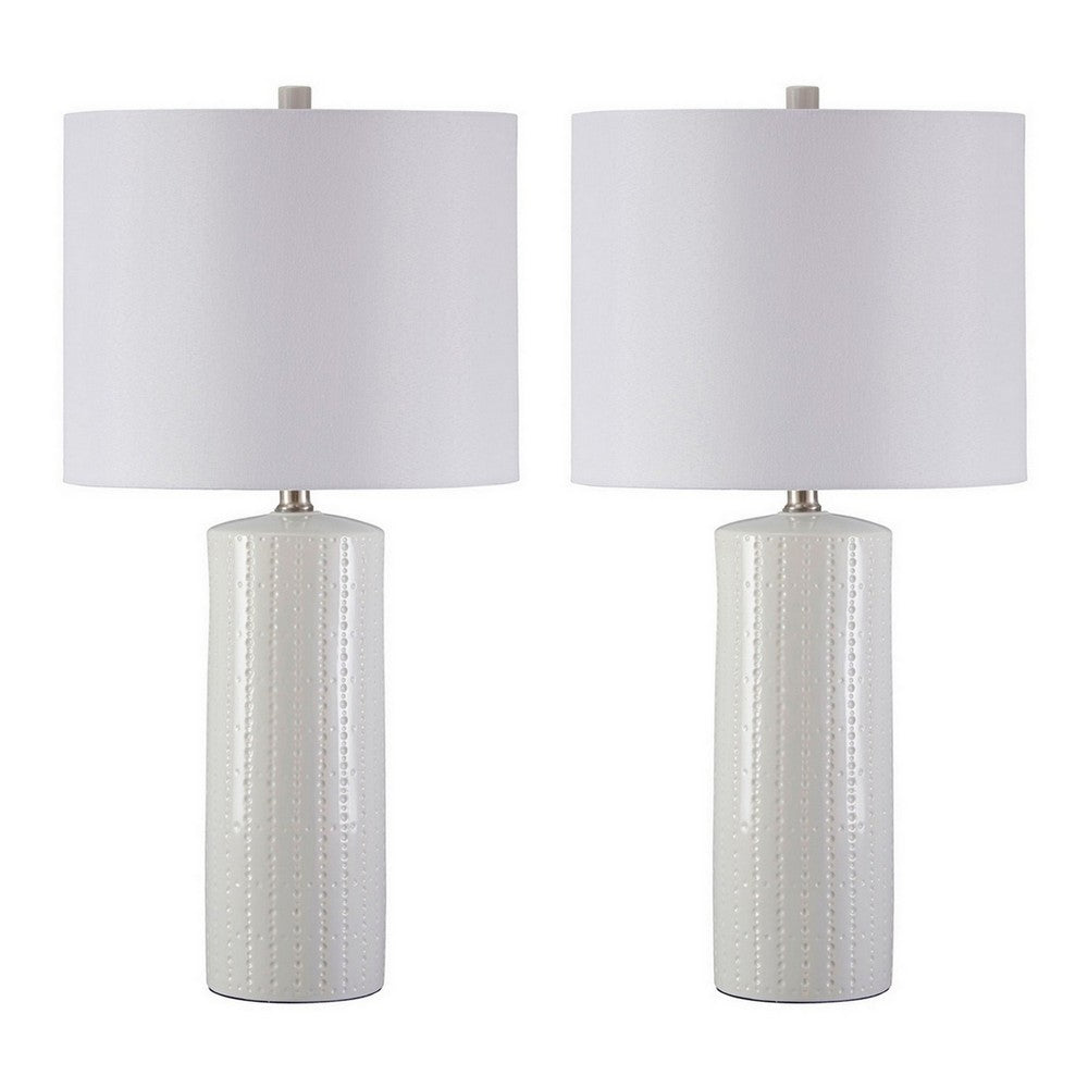 Nora Table Lamp Set | Carved Ceramic Base | Drum Shade | White