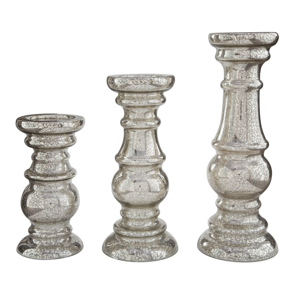 Glass Candleholder with Pedestal Base Set of 3 Silver By Casagear Home BM230978