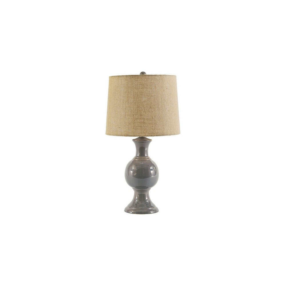Bellied Ceramic Base Table Lamp with Drum Shade, Beige and Gray By Casagear Home