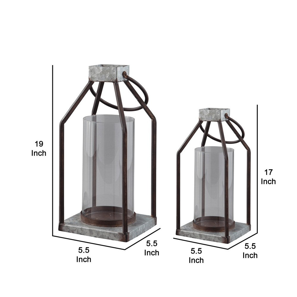 Zara Lantern Set | Geometric Frame | Glass Hurricane | Black & Gray BM230988