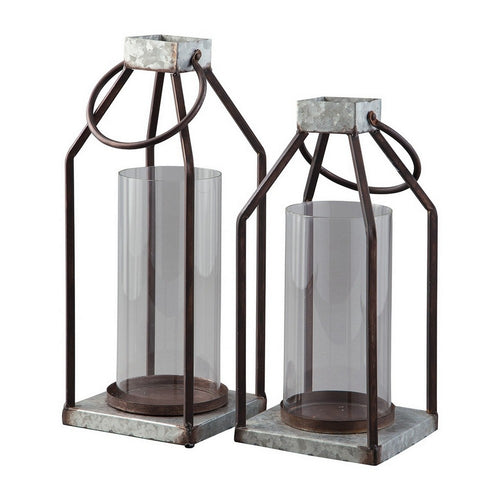 Zara Lantern Set | Geometric Frame | Glass Hurricane | Black & Gray