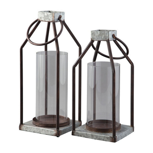 Zara Lantern Set | Geometric Frame | Glass Hurricane | Black & Gray