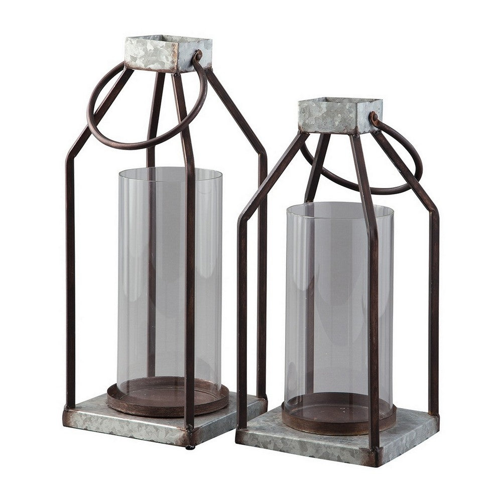Zara Lantern Set | Geometric Frame | Glass Hurricane | Black & Gray