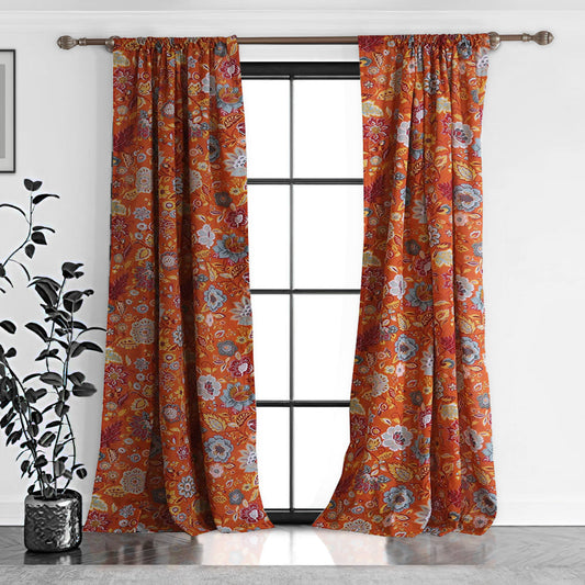 Paris 4 Piece Floral Print Fabric Curtain Panel with Ties, Orange By Casagear Home