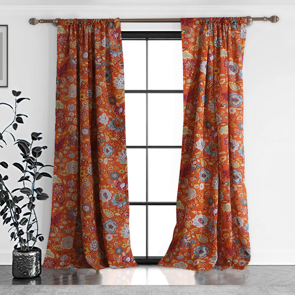 Paris Curtain Panel Set | 4 Piece | Floral Print | Orange