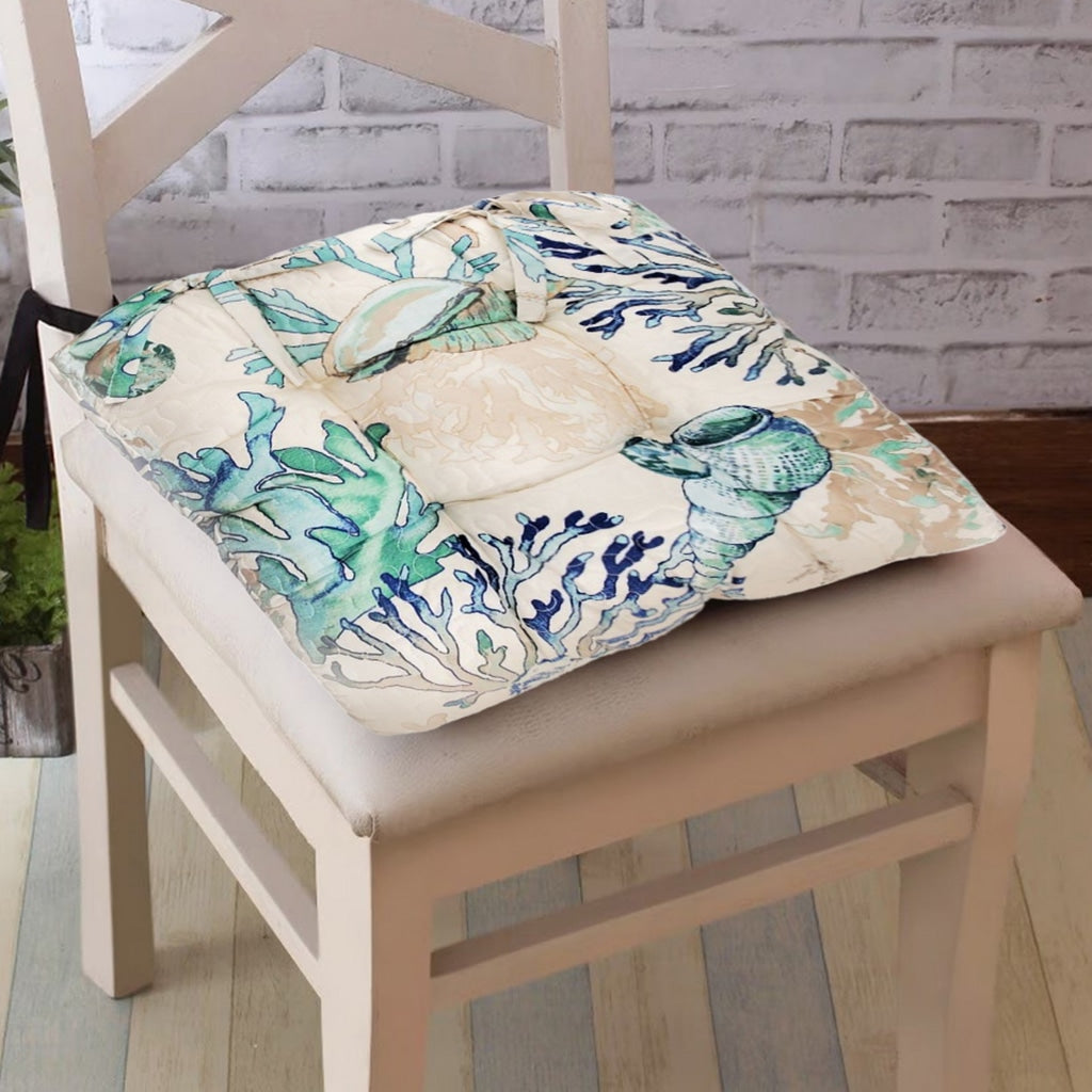 Rome Beach Print Fabric Thick Chair Pad with Tufted Details, White and Blue By Casagear Home