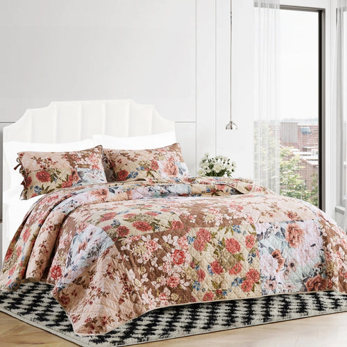 Rome 3 Piece Queen Quilt Set | Reversible Floral Print | Multicolor