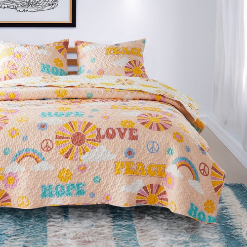 Berlin 2 Piece Twin Quilt Set | Rainbows & Clouds | Beige