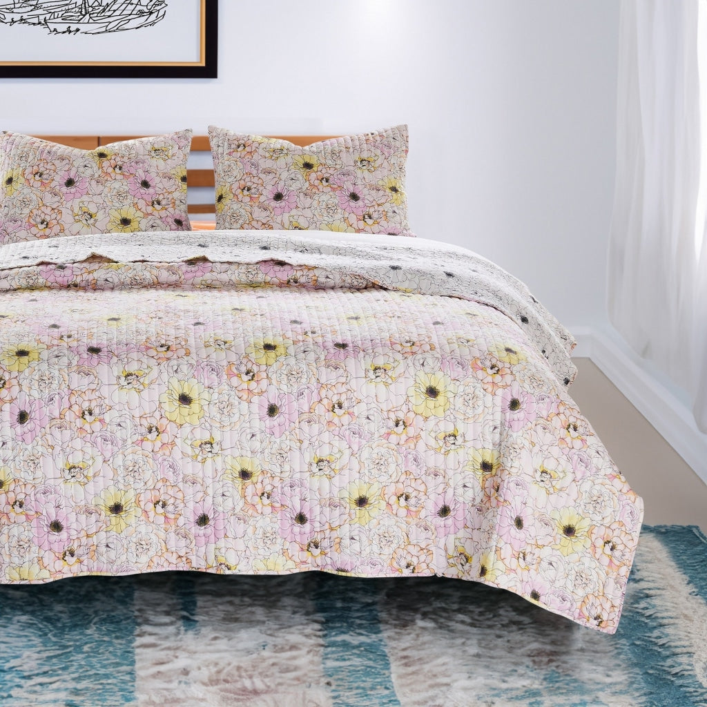 Milan 2 Piece Blooming Flowers Twin Quilt Set, White and Pink By Casagear Home