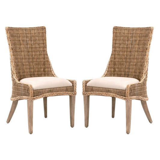 Interwoven Wicker Dining Chair with Fabric Seat, Set of 2, Brown By Casagear Home