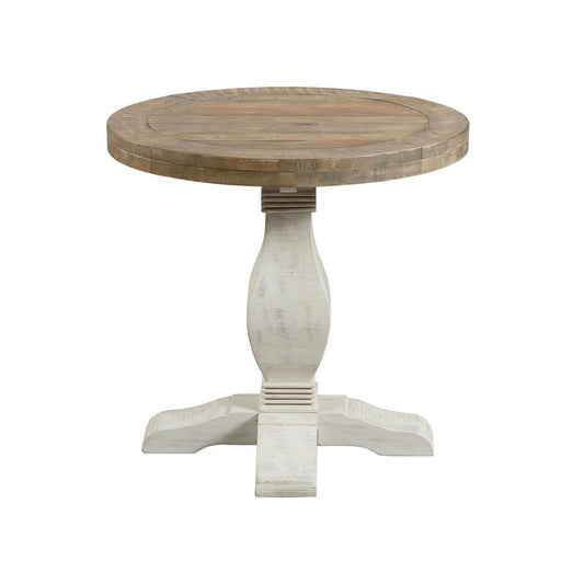 26 Inch Round End Table with Pedestal Base, Brown and White By Casagear Home