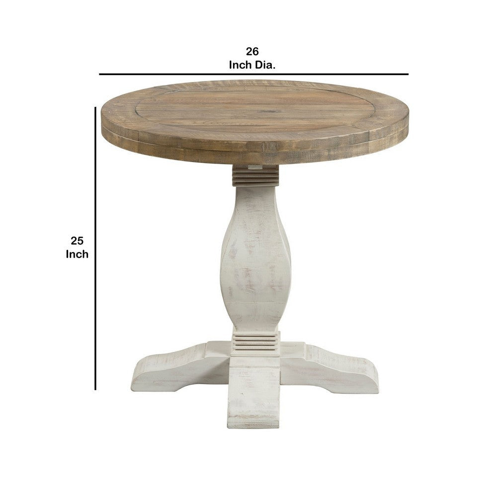 26 Inch Round End Table with Pedestal Base Brown and White By Casagear Home BM231162