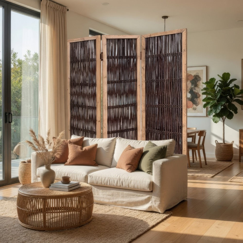 71 Inch 3 Panel Interconnected Branches Room Divider, Brown