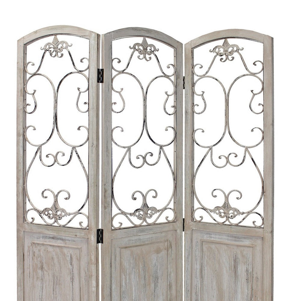 48 inch 3 Panel Screen with Metal Scrollwork Washed Beige BM231305