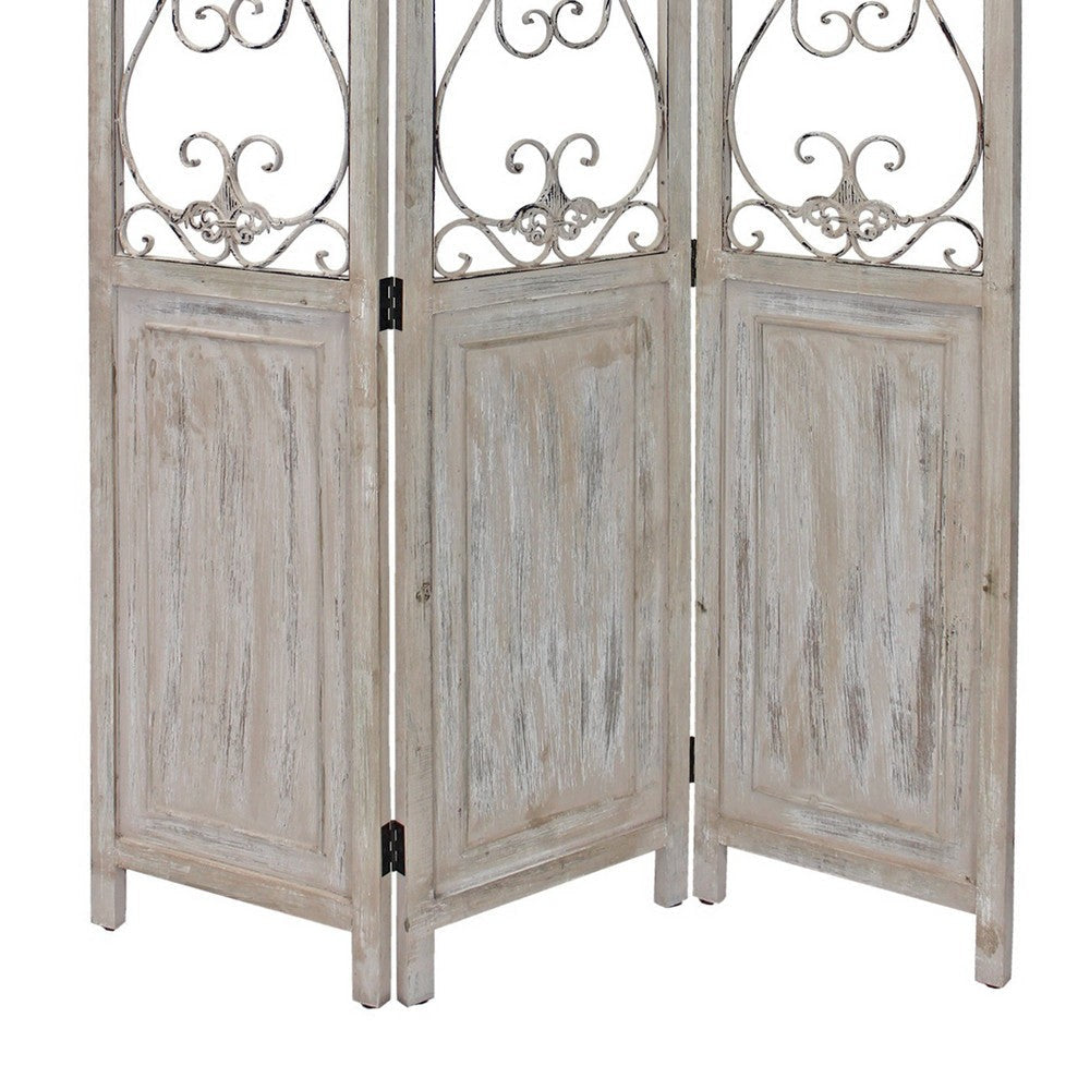48 inch 3 Panel Screen with Metal Scrollwork Washed Beige BM231305