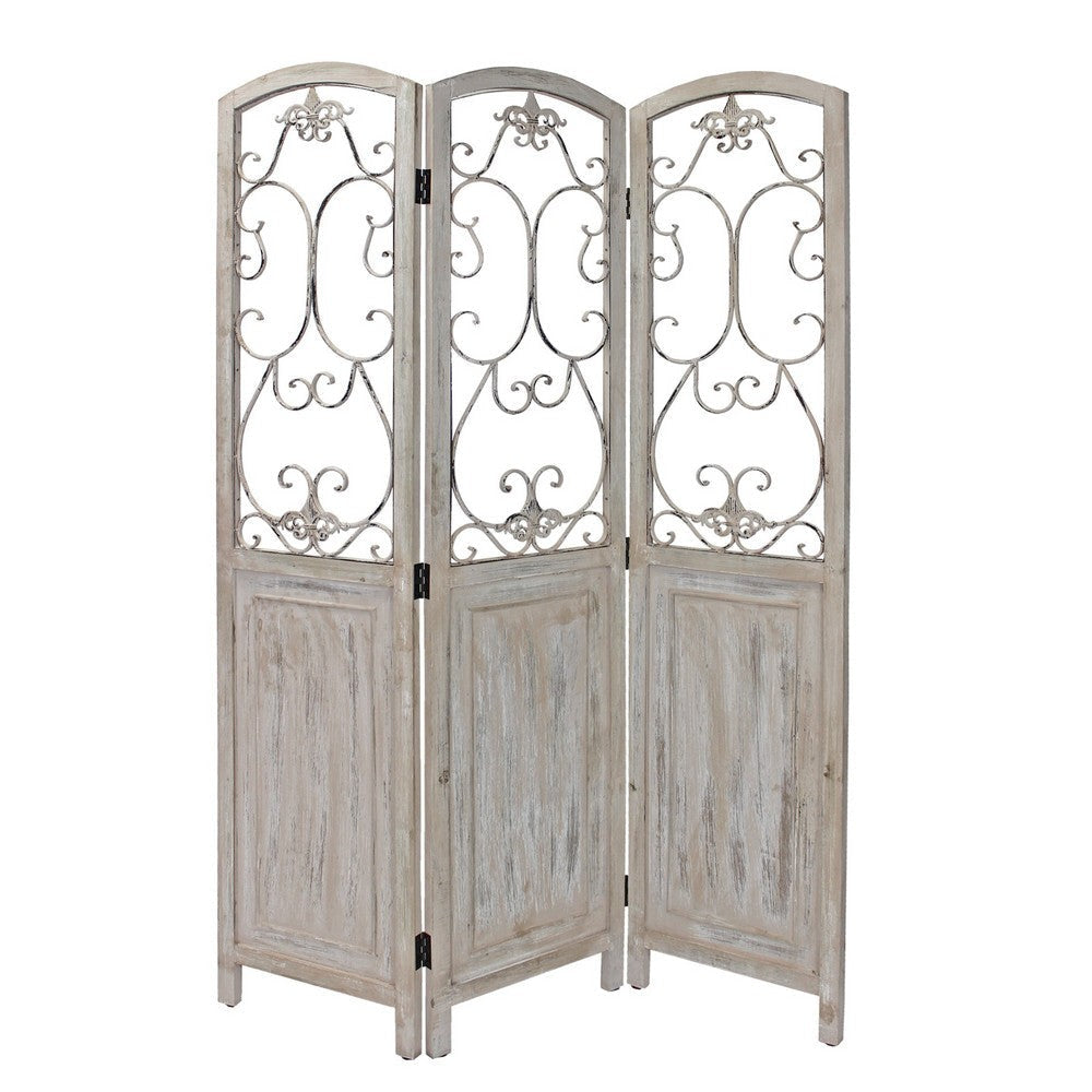 48 inch 3 Panel Screen with Metal Scrollwork, Washed Beige