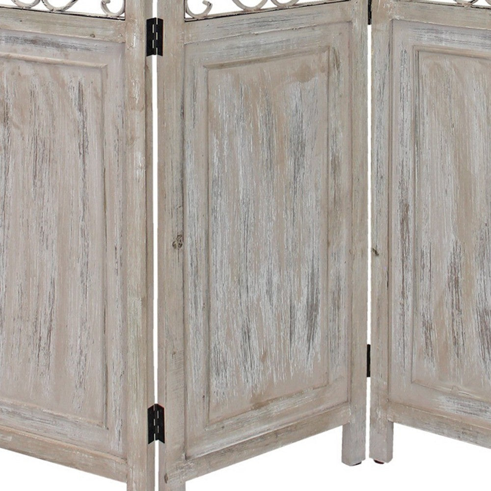 48 inch 3 Panel Screen with Metal Scrollwork Washed Beige BM231305
