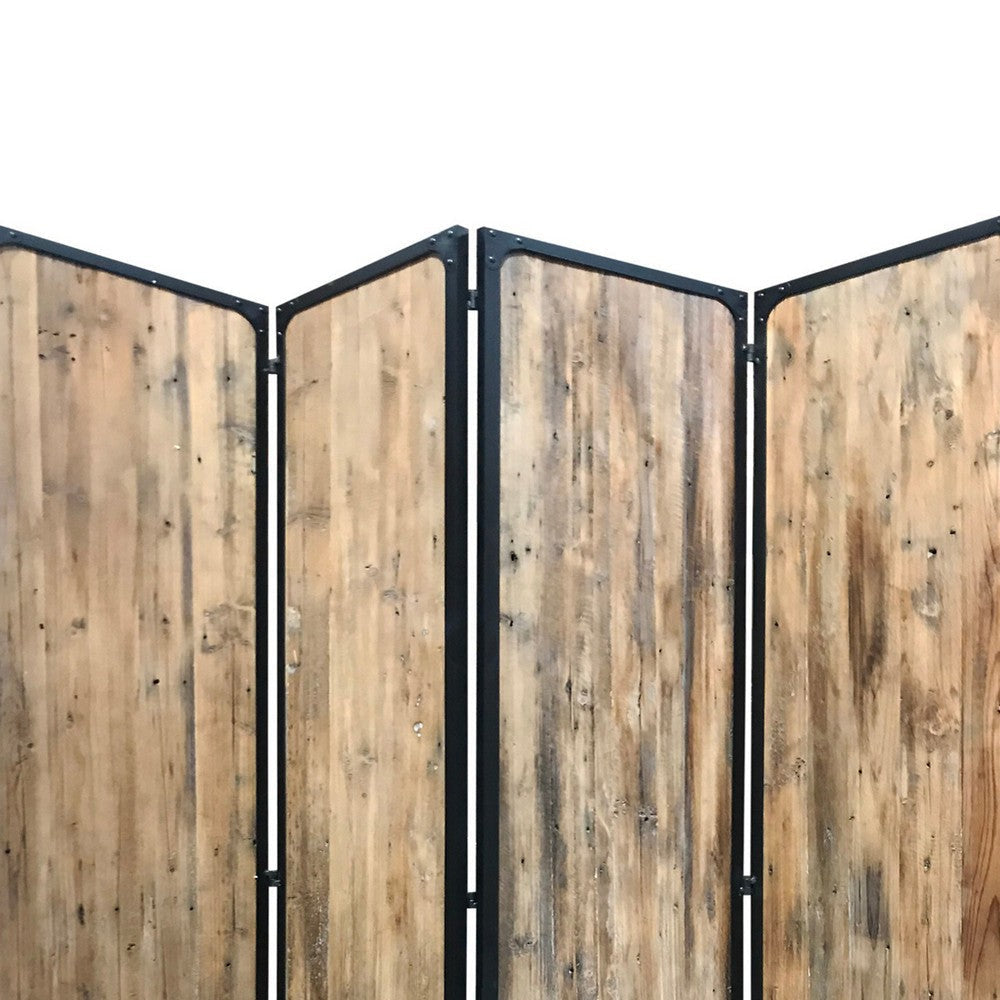84 Inch 4 Panel Metal Frame Room Divider Black and Brown BM231307
