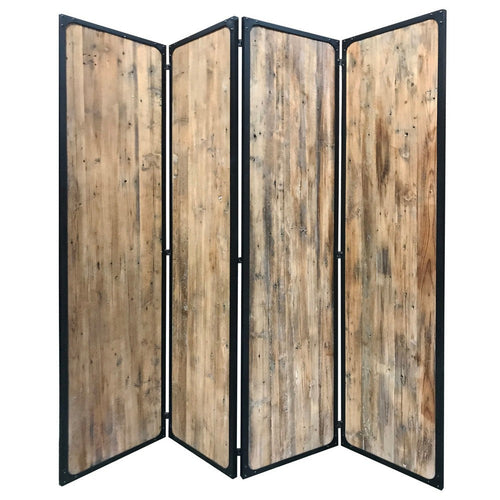 84 Inch 4 Panel Metal Frame Room Divider, Black and Brown