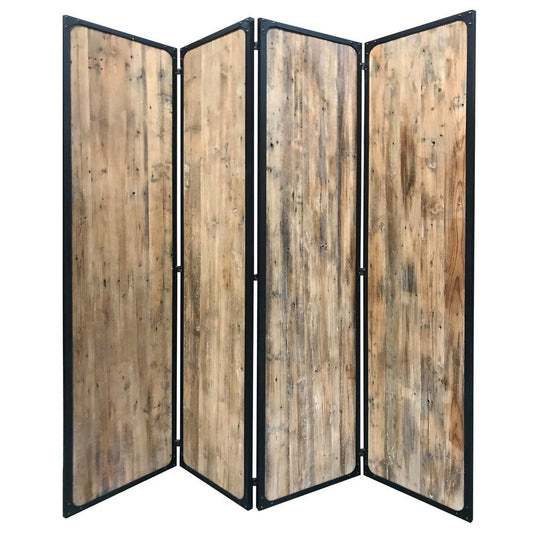 84 Inch 4 Panel Metal Frame Room Divider, Black and Brown