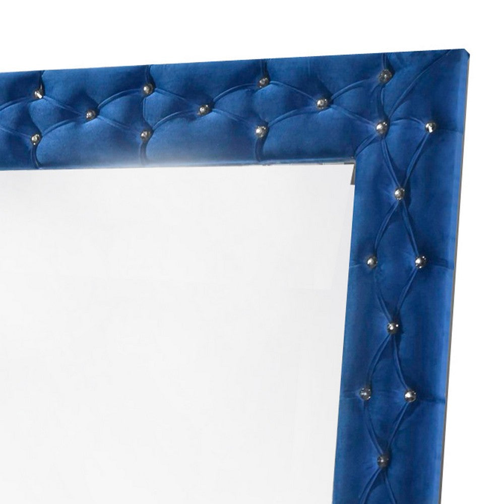 Velvet Wrapped Wooden Frame Mirror with Button Tufting Blue By Casagear Home BM231654