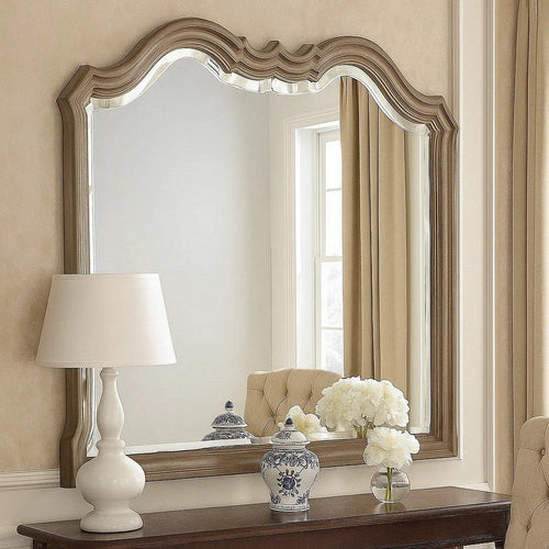 Wooden Molded Frame Mirror with Scalloped Design Top, Taupe Brown